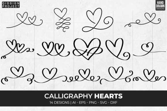 14 Calligraphy Hearts for Graphics