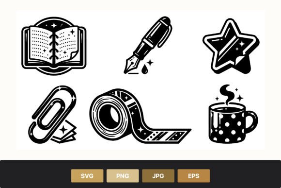 Magic Stationery Icons: Black & White Graphics and Illustrations