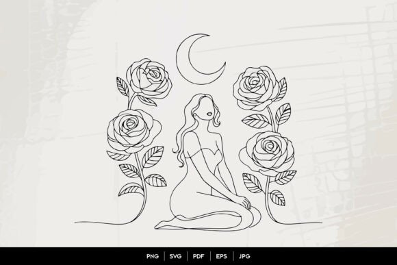 Moon Rose Woman Line Art: Graphics & Illustrations