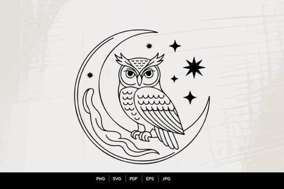 Mystical Owl Moon Celestial Line Art SVG: Graphics & Illustrations