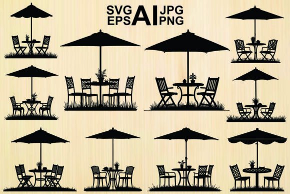 Silhouette Cafe Table Chairs Umbrella: Graphics & Illustrations